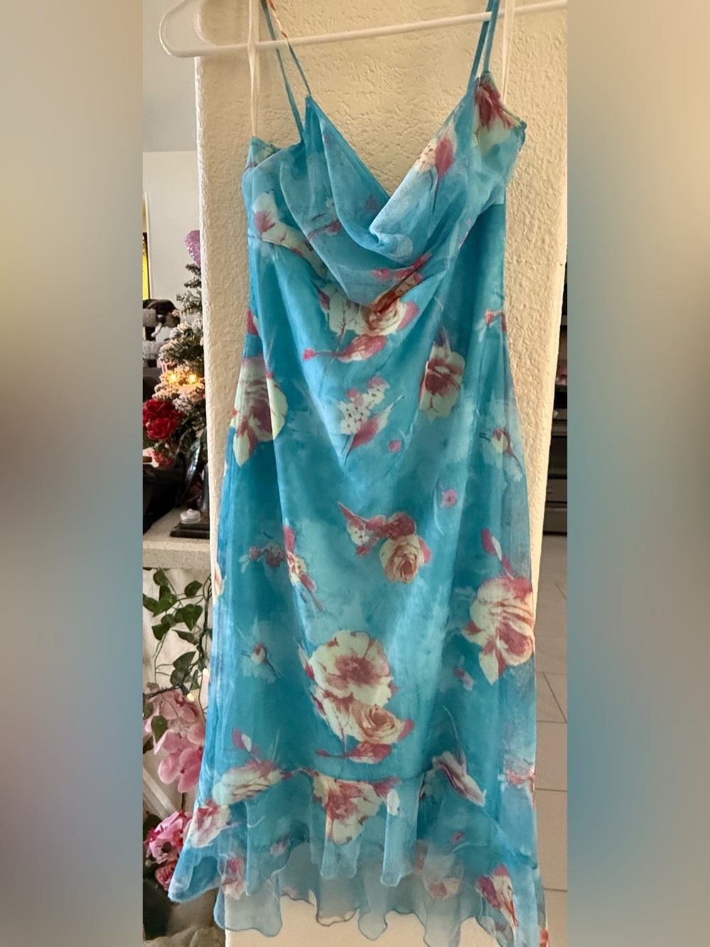 Hourglass : Vintage Junior’s (Medium) Blue Floral Slip Dress with Cowl Neck NWOT